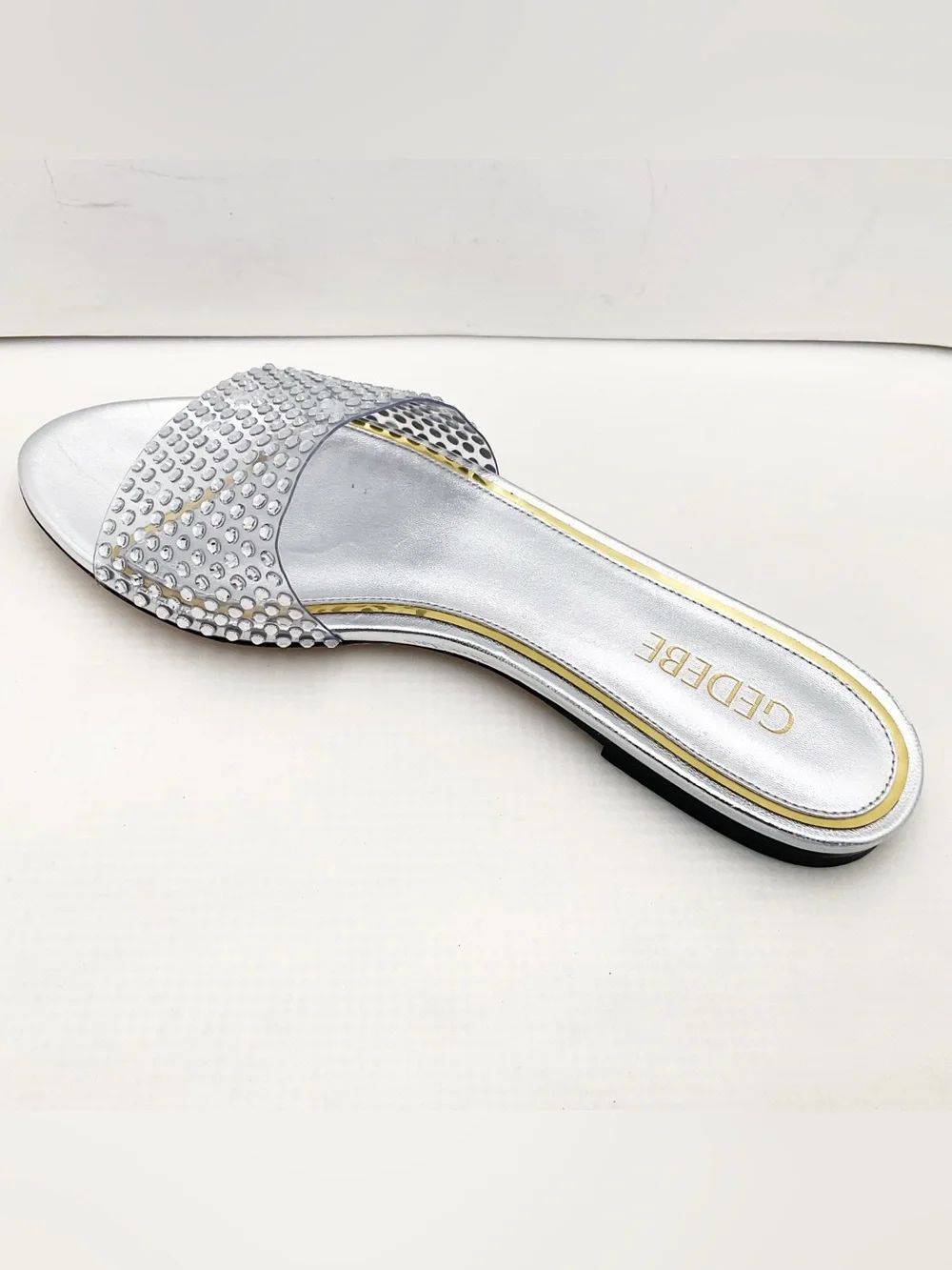 🆕{Gedebe} Metallic Leather Silver Crystal  Embellished Slides Sandals
